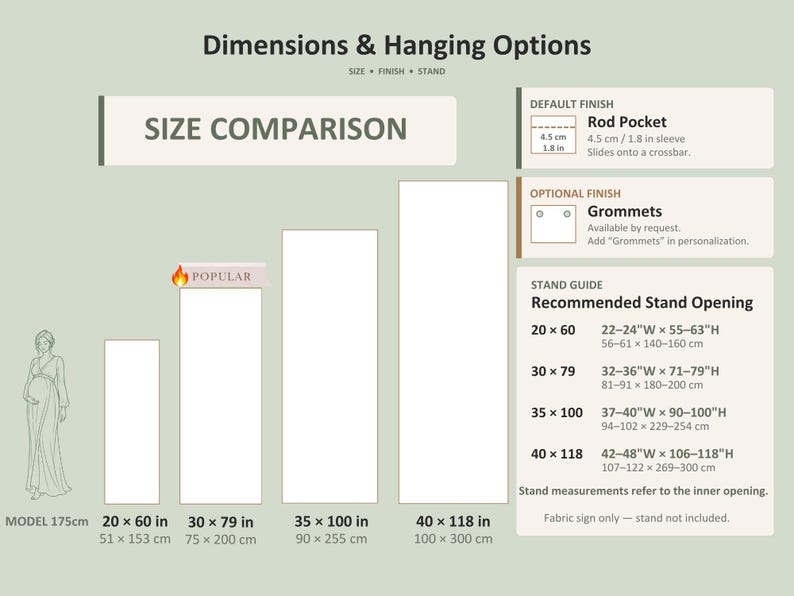 May include: An infographic titled Dimensions & Hanging Options displaying four vertical rectangular sizes in inches and centimeters. It includes a rod pocket detail, grommet option, and a stand guide with recommended opening measurements.