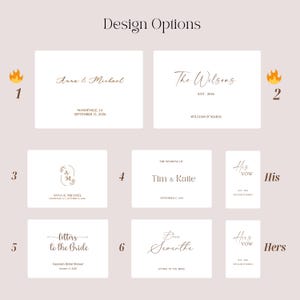 May include: A collection of design options for wedding stationery, featuring various layouts with elegant calligraphy. The designs include names, dates, and phrases like "The Wilsons" and "Letters to the Bride," all in a warm, neutral color palette.