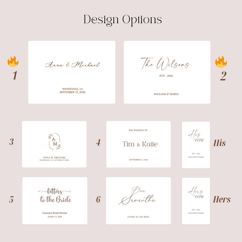 May include: A collection of design options for wedding stationery, featuring various layouts with elegant calligraphy. The designs include names, dates, and phrases like "The Wilsons" and "Letters to the Bride," all in a warm, neutral color palette.