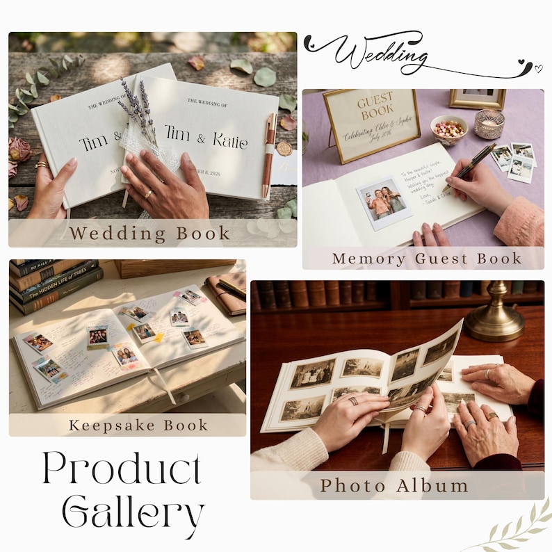 May include: A product gallery showcasing wedding-themed books. Includes a wedding book, memory guest book, keepsake book, and photo album. The books are open, displaying pages with photos and text. The text "Wedding" and "Product Gallery" are visible.