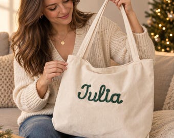 Personalized Embroidered Corduroy Tote Bag, Custom Name Zipper Tote, Gift for Her, Bridesmaid & Bachelorette Gifts, Christmas Gifts for Her