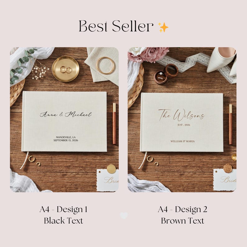 May include: Two wedding guest books with linen covers are displayed on a wooden surface. One book has black text that reads "Anna & Michael" and "Mandeville, LA September 13, 2026." The other book has brown text that reads "The Wilsons" and "EST. 2026."