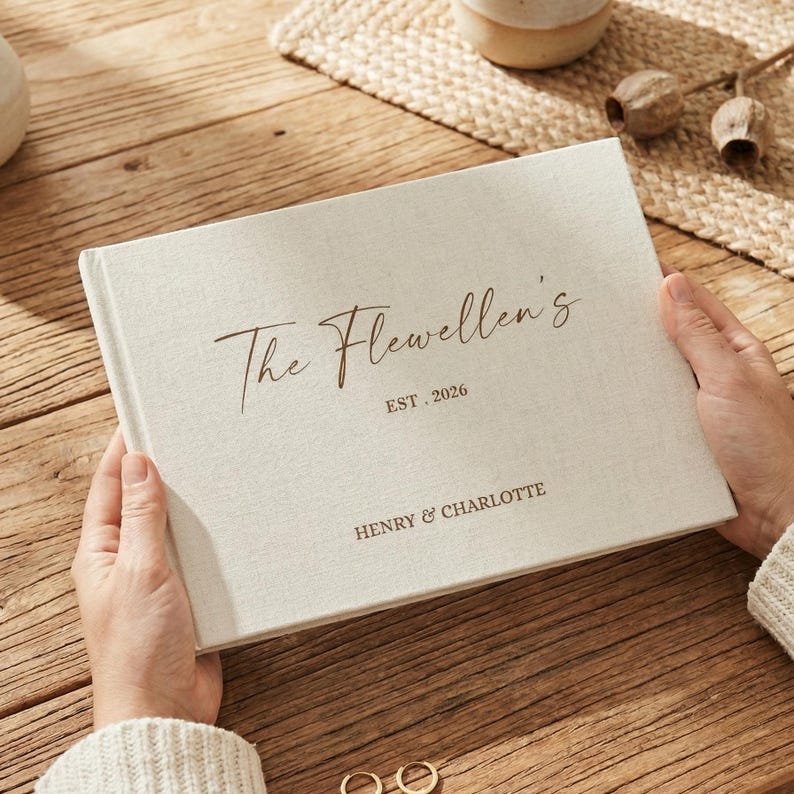 May include: A linen-covered photo album with the text "The Flewellen's EST. 2026 HENRY & CHARLOTTE" in brown script. The album is open, and held by hands. The background includes a wooden surface and decorative items.