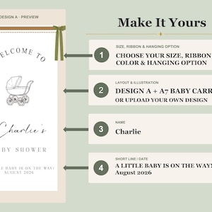 May include: A vertical banner with a white background and beige border, featuring a black line drawing of a baby carriage, the text "WELCOME TO", "Charlie's", "BABY SHOWER", "A LITTLE BABY IS ON THE WAY!", and "August 2026" with green ribbons.
