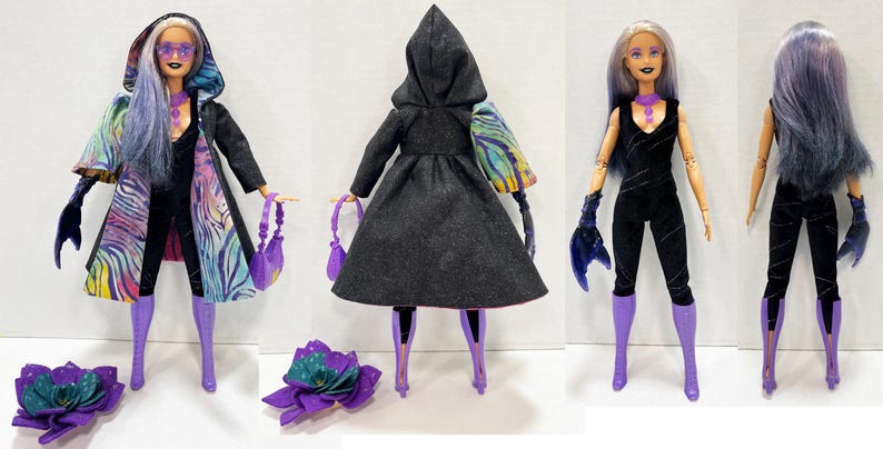 May include: A fashion doll with purple hair and matching accessories. The doll wears a black jumpsuit, purple boots, and a black coat with a colorful zebra print lining. A purple handbag and a decorative flower are also included.