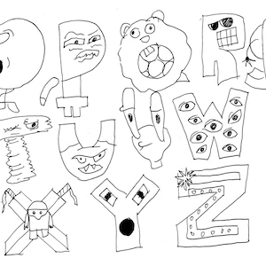 May include: A black and white illustration of various letters of the alphabet, each with a unique, expressive face. The letters include O, P, Q, R, S, T, U, V, W, X, Y, and Z, all drawn with bold lines and a cartoonish style.