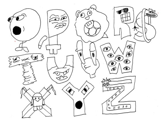 Fun hand drawn alphabet lore children's  show coloring page black  and white printable art