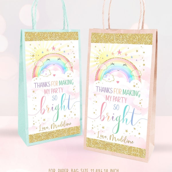 PRINTABLE RAINBOW Birthday Party Favor Paper Bag Wrapper. Editable Rainbow and Sun 1st Birthday Girl Gold Glitter Stickers Bag Label DIY R1