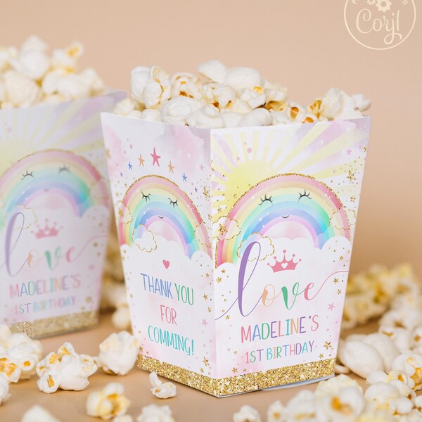 EDITABLE RAINBOW Birthday Party Mini Pop Corn Box. Printable 1st Birthday Girl Favor Snack Box Gold Glitter Rainbow Theme. Candy Bag R1