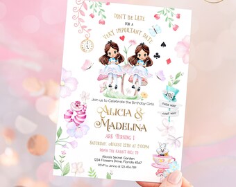 EDITABLE Alice in Wonderland 1st Birthday Twins Party Invitations. Floral Onderland Girls Twin Party Invitation Mad Tea Garden Double Party