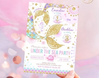 EDITABLE Little Mermaid Tail Double Birthday Party Invitations Printable Under the Sea Party Invitation. Girl Mermaid Bash Water Pool Invite