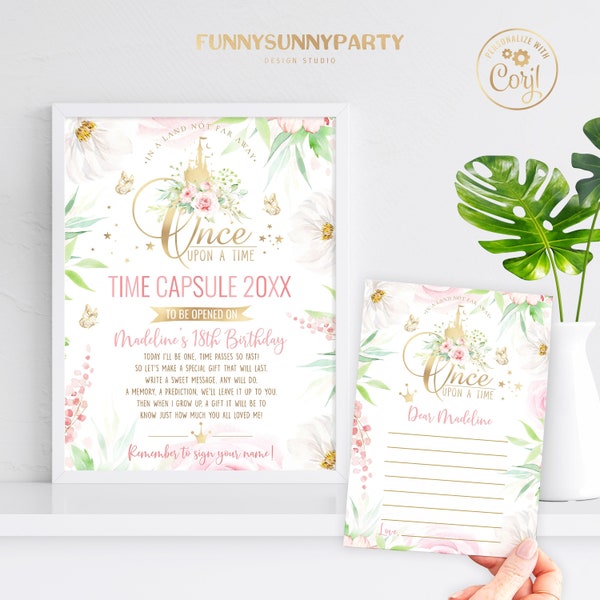 PRINTABLE PRINCESS 1st Birthday Time Capsule. Once Upon A Time First Birthday Girl Message Cards. Royal Birthday Wishes Editable Template