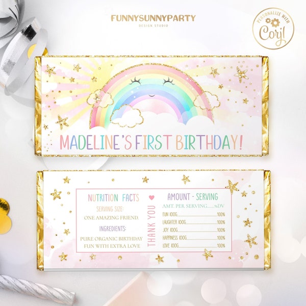 EDITABLE RAINBOW Birthday Party Candy Bar Wrapper. Printable Rainbow and Sun 1st Birthday Chocolate Wrappers Gold Glitter Rainbow Favor R1