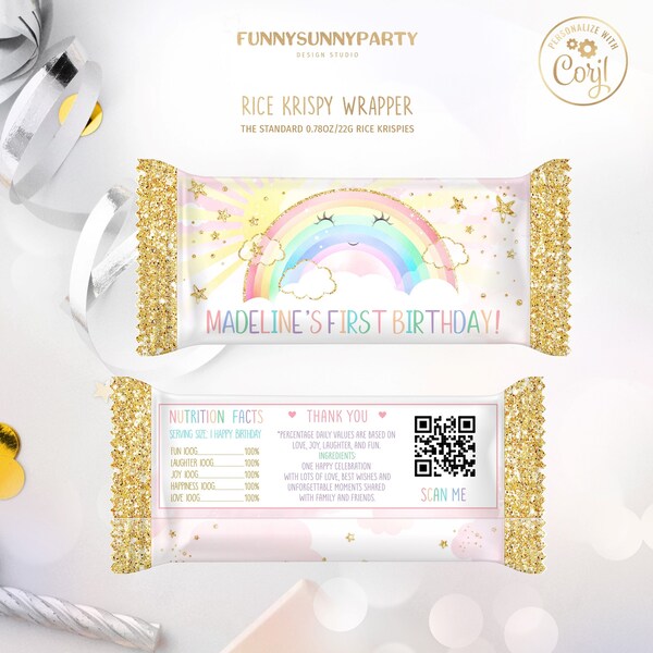 EDITABLE RAINBOW Birthday Party Rice Krispy Wrapper Template. Printable Rainbow and Sun 1st Birthday Crispy Wrappers Gold Rainbow r1