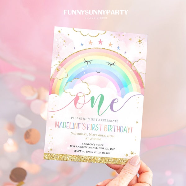 EDITABLE RAINBOW First Birthday Party Invitations in Pink. Printable Rainbow 1st Birthday Girl Invitation. Gold Glitter Rainbow Invites R1