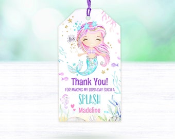 EDITABLE Little Mermaid Favor Tag. Girl First Birthday Gift Label, Printable Thank you Tags Mermaid Birthday Pool Party. Instant Download