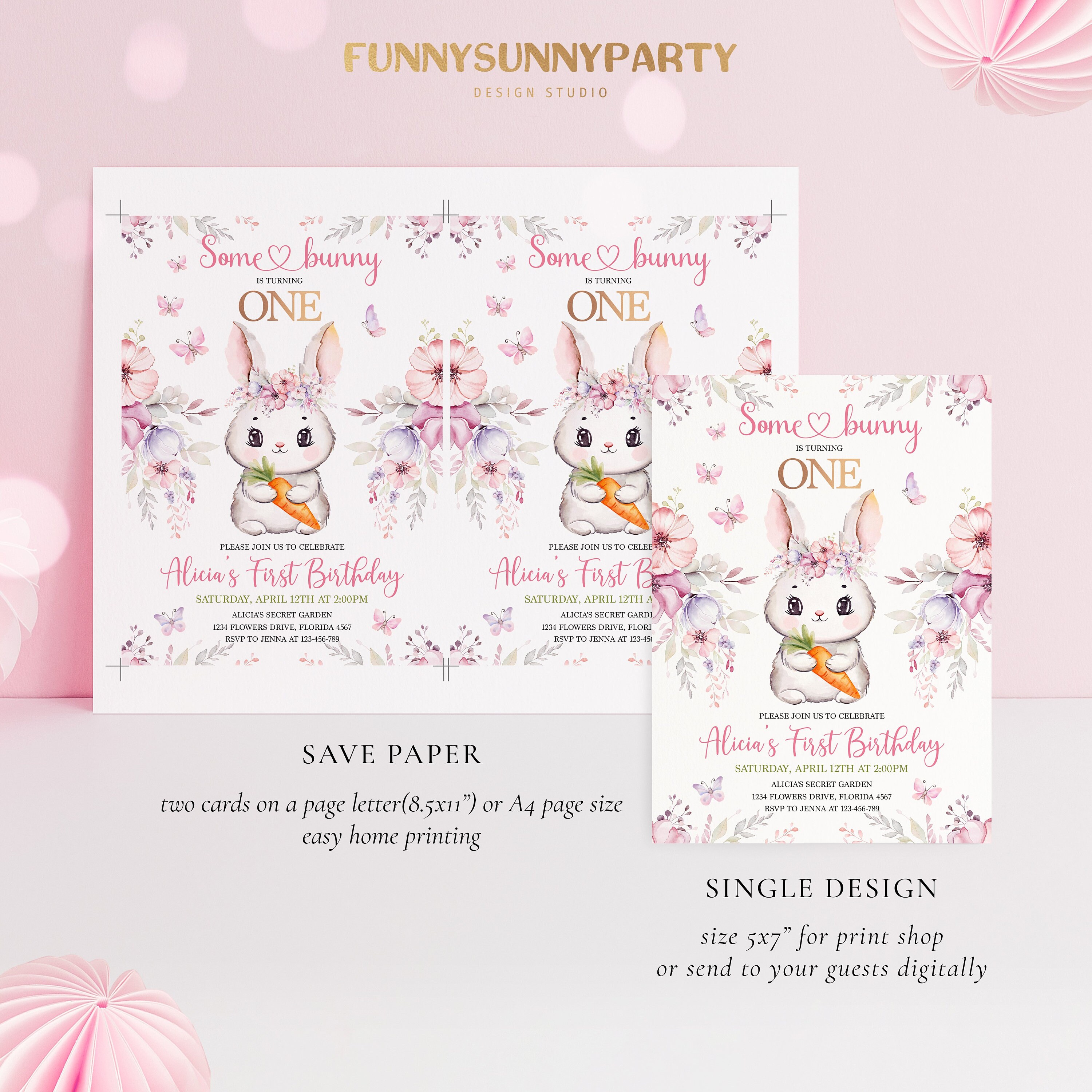 Bunny 1st Birthday Invitations - 'Some Bunny Is Turning One' Floral Theme Cards With Envelopes, Set Of 20