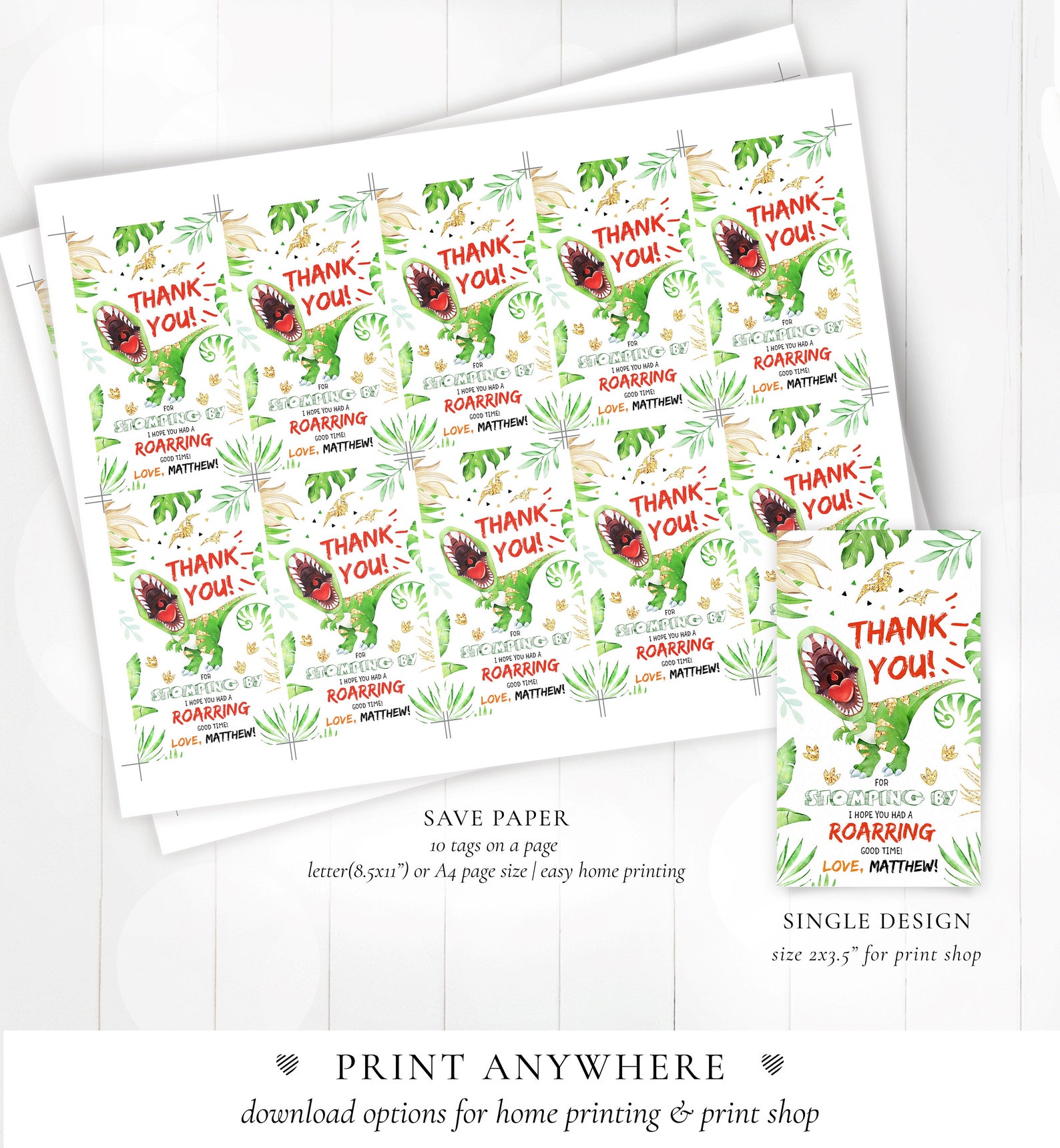 PRINTABLE Dinosaur Thank You Tag. Editable Boy Birthday Dino Party