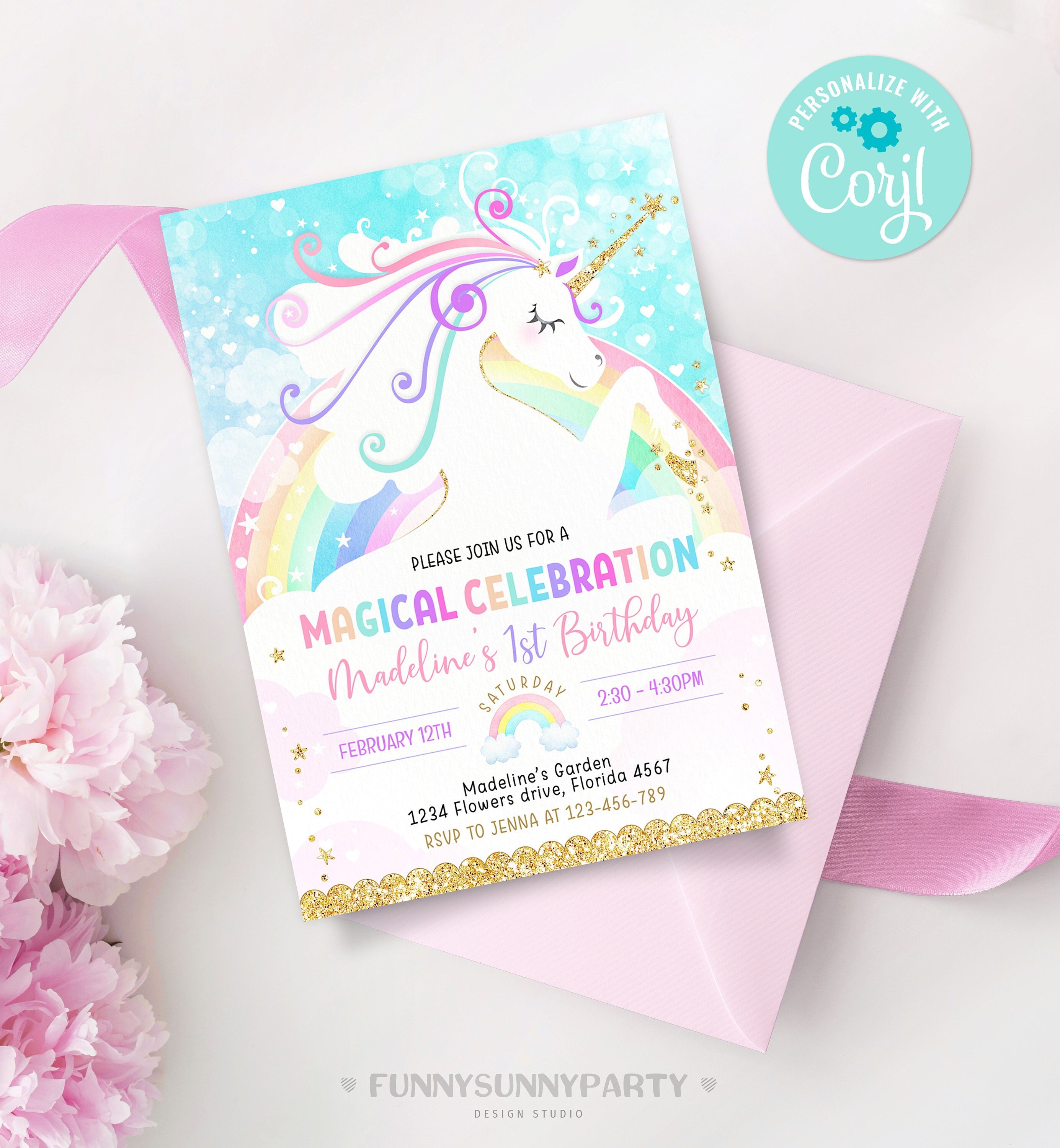 EDITABLE UNICORN Birthday Party Invitations. Printable RAINBOW Etsy