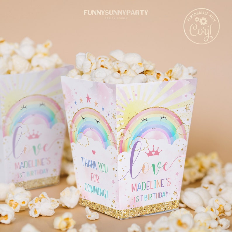 EDITABLE RAINBOW Birthday Party Mini Pop Corn Box. Printable 1st