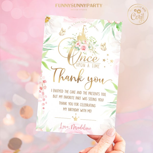 PRINCESS First Birthday Party Thank You Cards. Printable Once Upon A Time 1st Birthday Girl. EDITABLE TY Card Template Gold Castle Favor