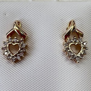 14K Yellow Gold Heart Diamond Earrings- Vintage, Estate- Gifts for Her