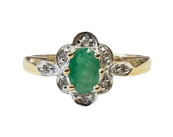 Vintage Two-Tone Gold Emerald Diamond Ring • Oval Cut Heirloom Jewelry