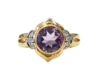 Vintage 14K Yellow Gold Round Amethyst & Diamond Cluster Ring | Size 6 (Resizing Available)