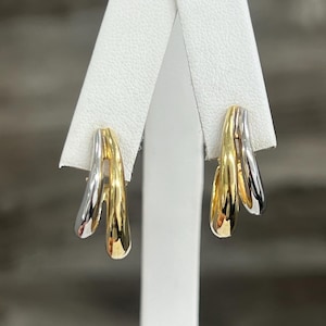 14k Gold Two Tone Hoop Earrings • Vintage Estate Yellow & White Gold Drop Hoops • Bold Dangle Earrings • Tarnish-Free 14k Gold Jewelry
