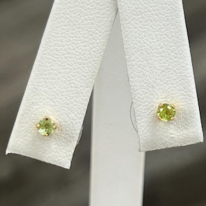 Dainty 14k Yellow Gold Green Tourmaline Stud Earrings: Minimalist Gemstone Jewelry