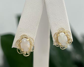 Vintage 14k Gold Opal Stud Earrings: Filigree October Birthstone
