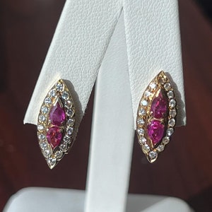 Vintage 14K Yellow Gold Ruby & Diamond Lever Back Earrings