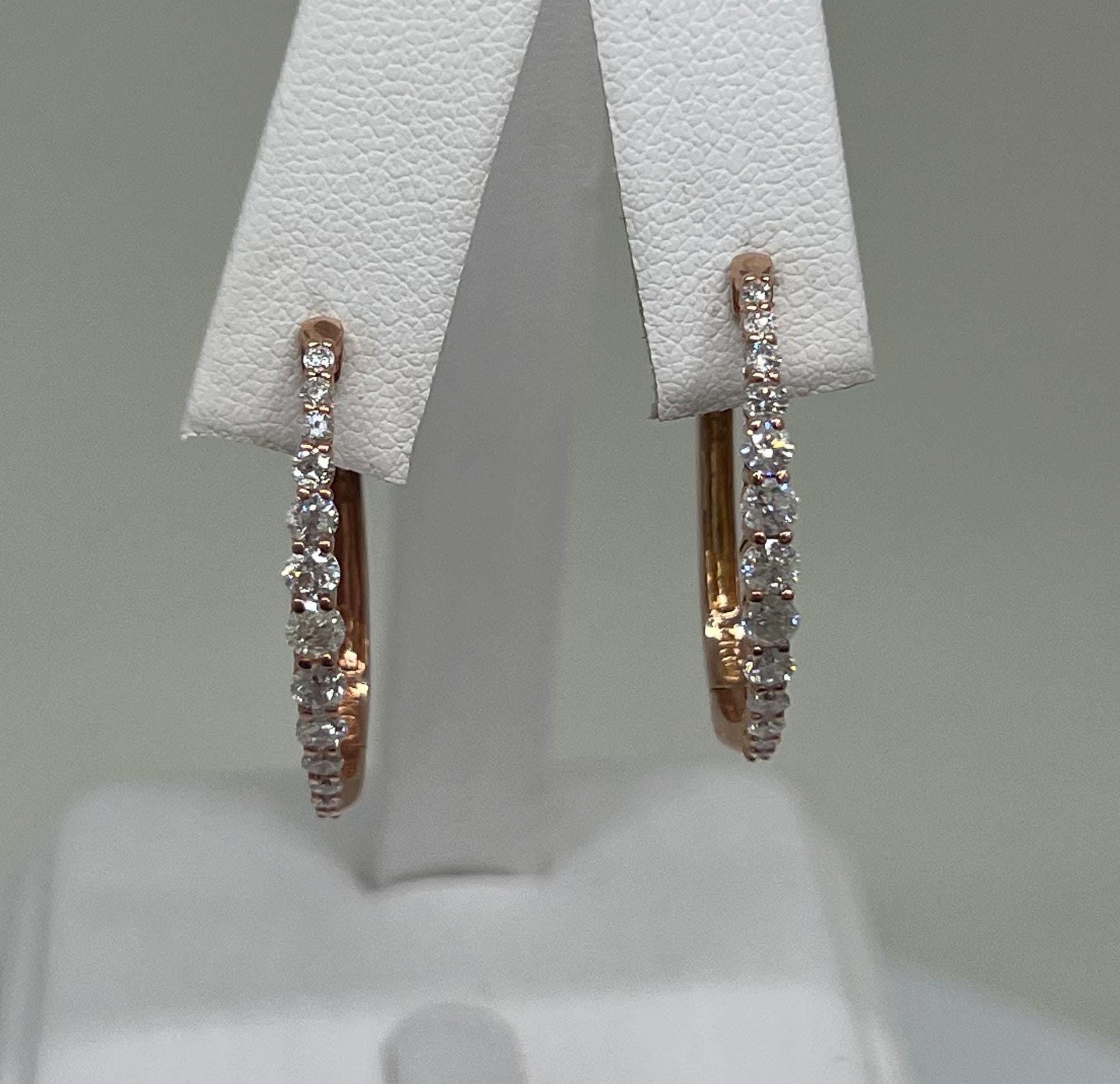 14K Rose Gold Natural Diamond Graudating Oval Hoop Earrings- Vintage, Estate - Gift Ideas