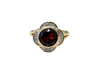 Vintage 14K Yellow Gold Round Garnet & Diamond Halo Ring | Size 6.5 (Resizing Available)