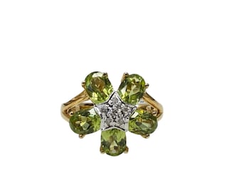 Vintage 14K Yellow Gold Peridot & Diamond Floral Cluster Ring | Size 6.5 (Resizing Available)