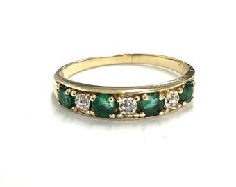 Vintage 10k Yellow Gold Emerald Diamond Band Ring, Size 6.5