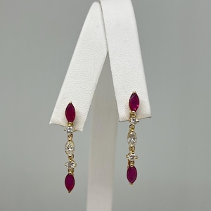 Vintage 14K Yellow Gold Ruby & Diamond Drop Earrings