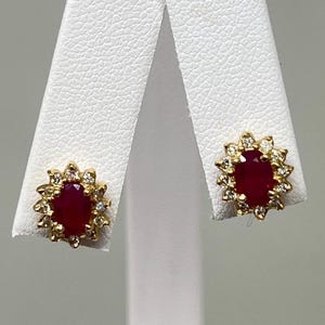 14K Yellow Gold Ruby Natural Diamond Stud Earrings - Jewelry - Vintage, Estate - Gift Ideas