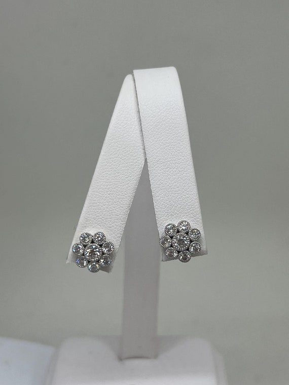 14K White Gold Natural Diamond Flower Stud Earrings - Vintage, Estate Jewelry - Gift Ideas