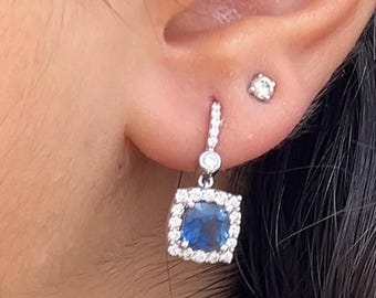 18K White Gold Ceylon Sapphire Diamond Earrings - Natural - Jewelry - Vintage, Estate - Gift Ideas - Birthstone