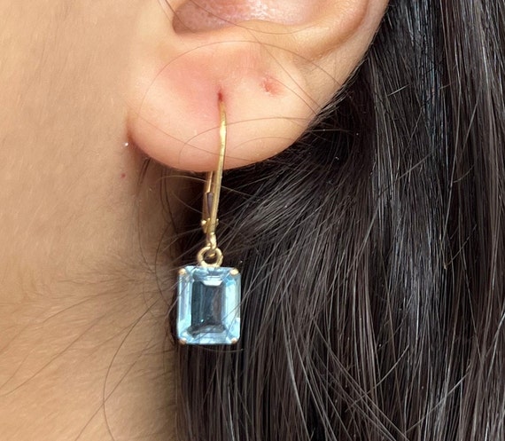 14K Gold Emerald Rectangular Cut Earrings- Vintag… - image 1