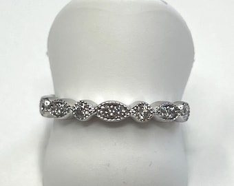 14k White Gold Natural Diamond Band - Round and Marquise Shape - Vintage, Estate - Gift Ideas