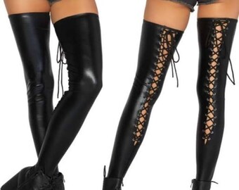 WET LOOK FOOTLESS LACE UP THIGH HIGHS main image 1