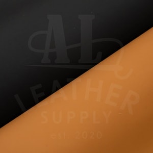May include: A diagonal split image showcasing two leather swatches. One section is black, the other is a warm tan color. The text "AL LEATHER SUPPLY est. 2020" is visible, along with the AL Leather Supply logo.
