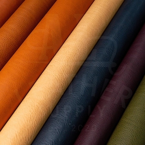May include: Close-up of various leather swatches in different colours, including brown, tan, beige, navy blue, burgundy, and olive green. The swatches are arranged in a fan shape, showcasing the texture and grain of the leather.