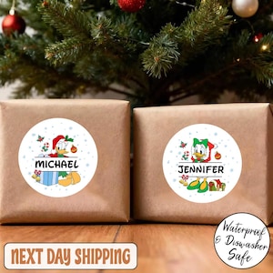 Gepersonaliseerde Disney kerstnaamlabels, aangepaste kindercadeaulabelstickers vel kerststickers, gepersonaliseerde vakantiecadeaulabels