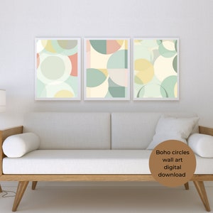 Boho Abstract Wall Art Prints, Set of 3 Prints, Boho Circles Wall Art,  Mid Century Modern Wall Art, Digital Download