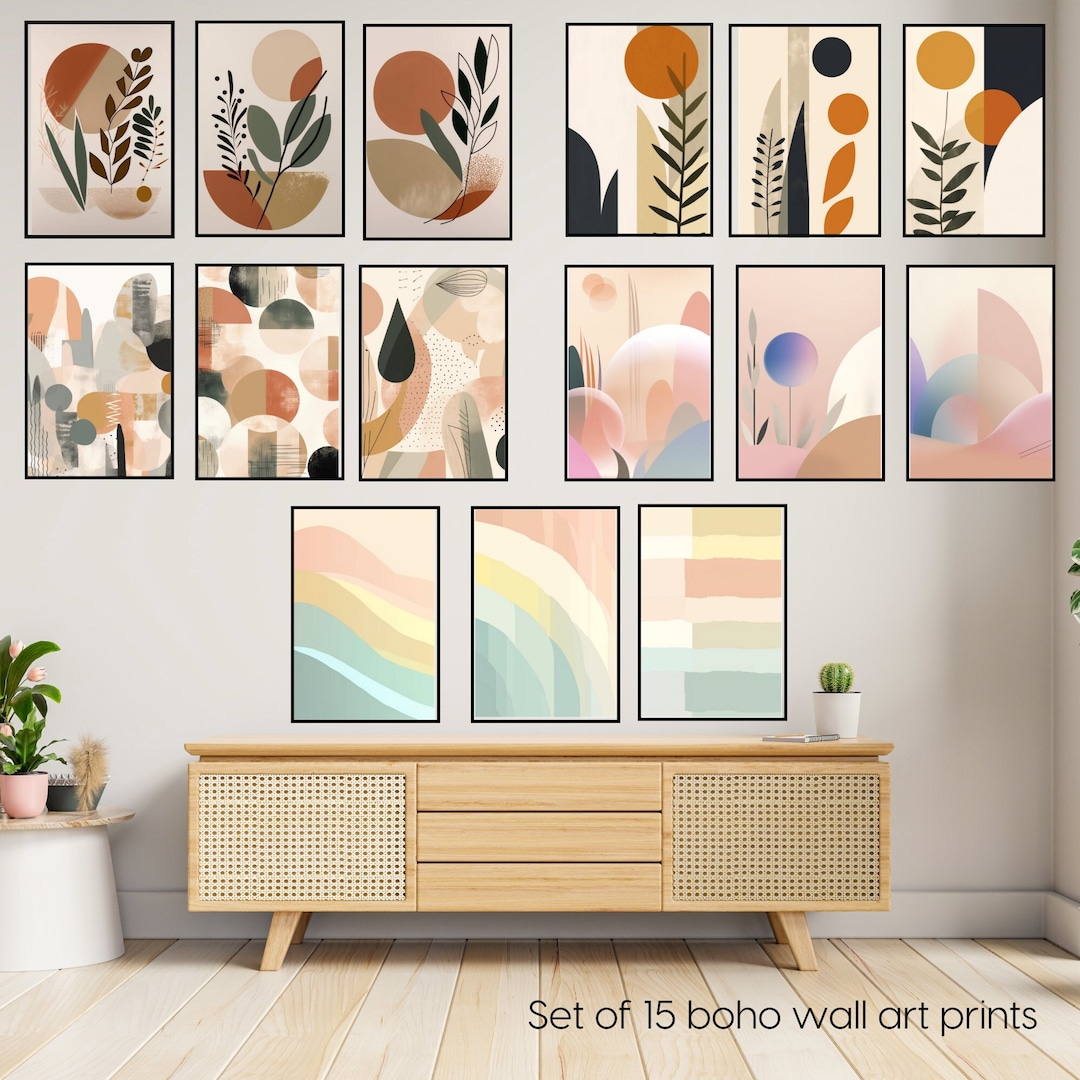 Boho Abstract Wall Art Prints, Set of 15 Prints, Boho Wall Art, Mid ...