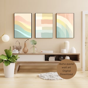 Boho Abstract Wall Art Prints, Pastel, Set of 3 Prints, Boho Wall Art,  Mid Century Modern Wall Art, Digital Download
