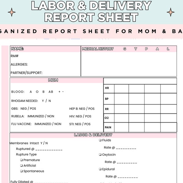 Labor and Delivery Report Sheet for Nurses, Brain sheet, Printable Template